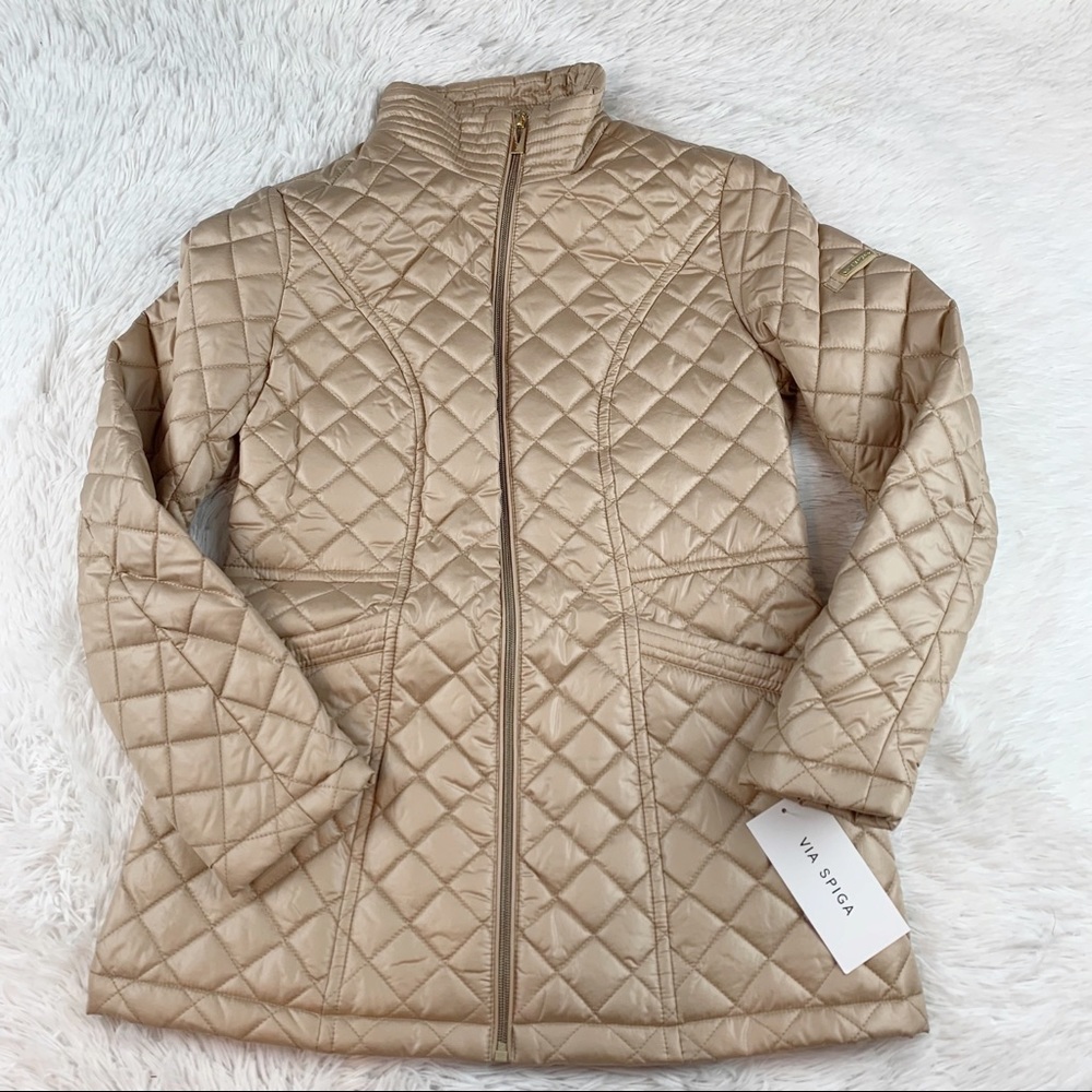 Via Spiga New Stand Collar diamond quilted jacket full zip in tan camel